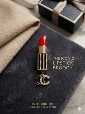 Red, Black and Gold Lipstick Brooch with Crystal Charm